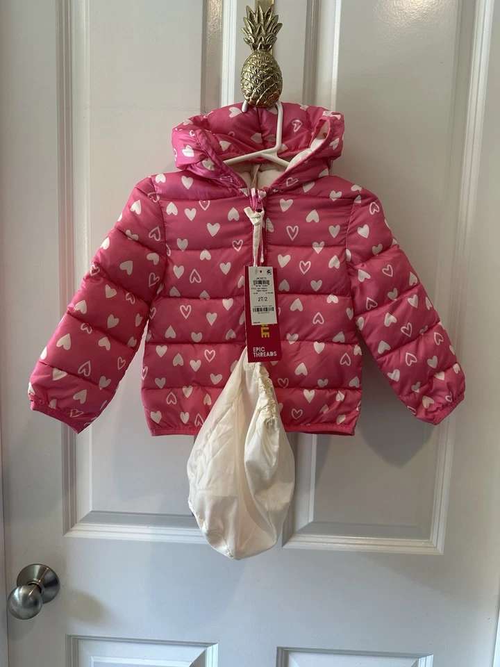 Abrigo de Invierno Epic Threads Niñas Pequeñas Rosa Corazón Puffer con Sombrero Talla 2T Nuevo Foto 2 de 4