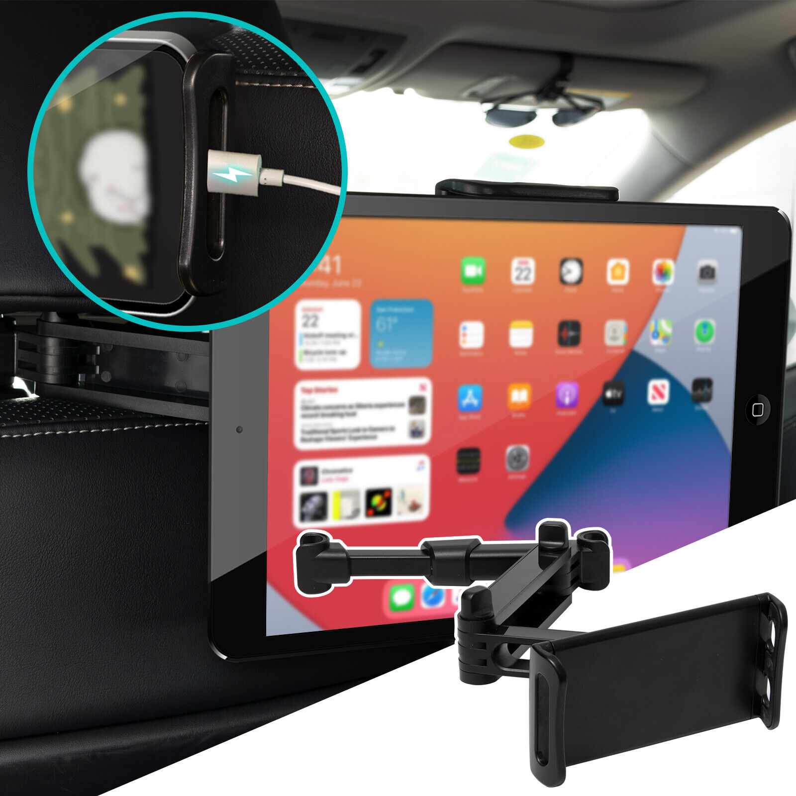 Adjustable Car Tablet Holder Headrest Mount - Black