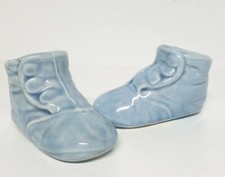 Vtg Blue Baby Shoe Booties  2 Ceramic Pottery 3 Side Button Planter Container