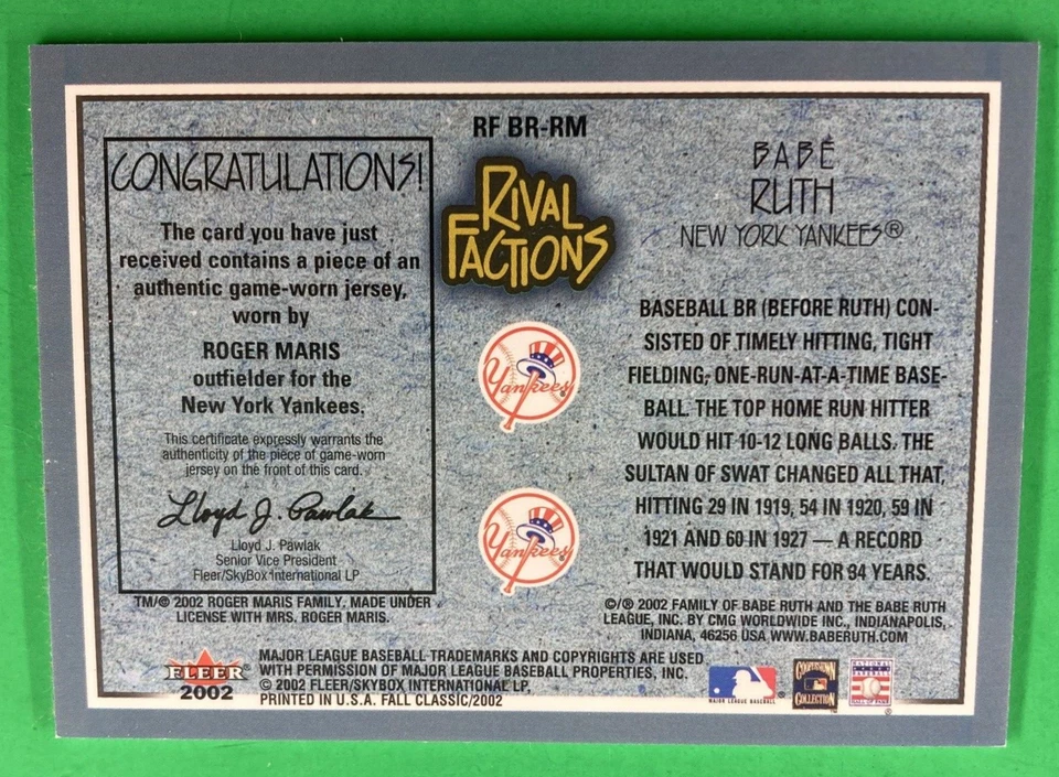 2002 Fleer Fall Classic Rival Factions Game Worn Jersey Roger Maris W/ Babe Ruth - Image 2 of 2