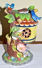 Cottage Tea Light Holder with BLUE BIRDS, HUMMINGBIRD, MORNING GLORIES, HOUSE