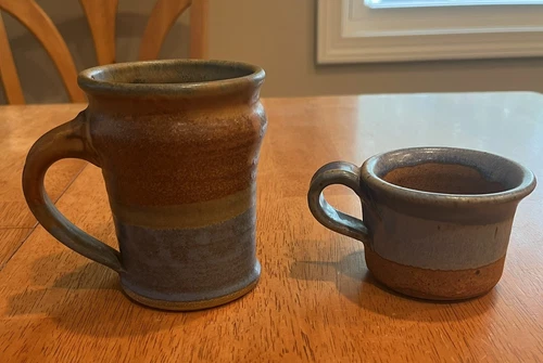 Two 1970’s Stoneware Mugs Brown and Blue Glazed