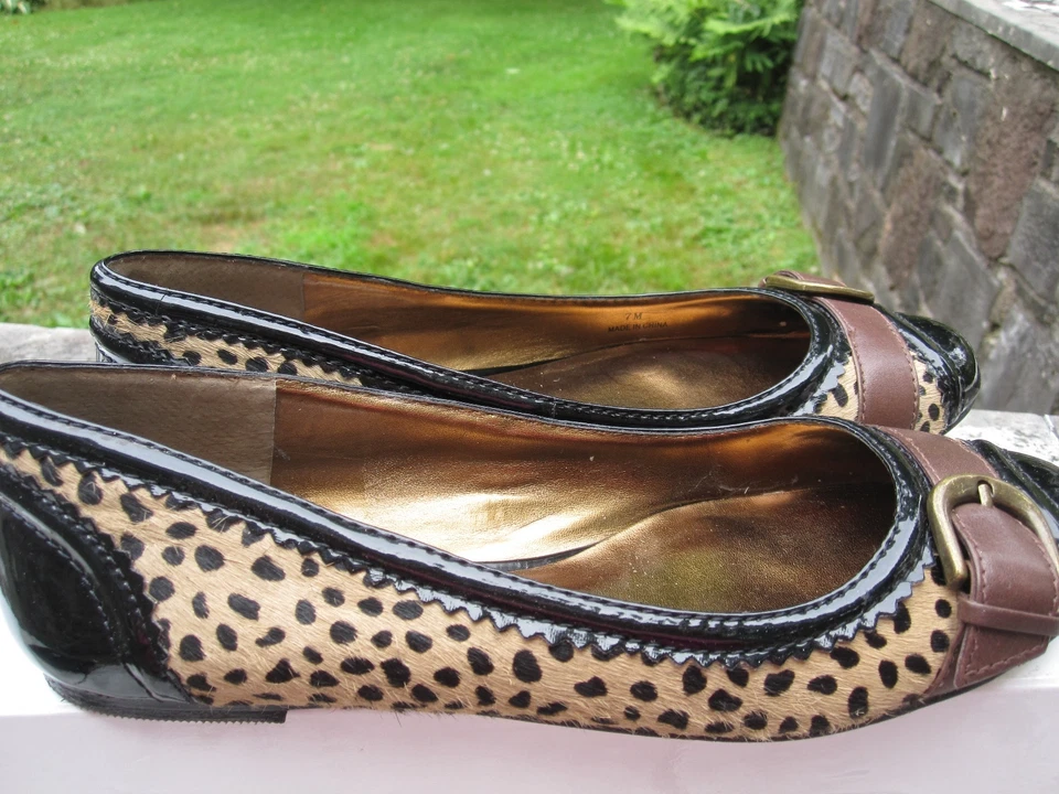   Charles David Ballet Pisos-Patente Negro, Guepardo Pony, Cuero Marrón/Hebilla-7M Foto 2 de 4