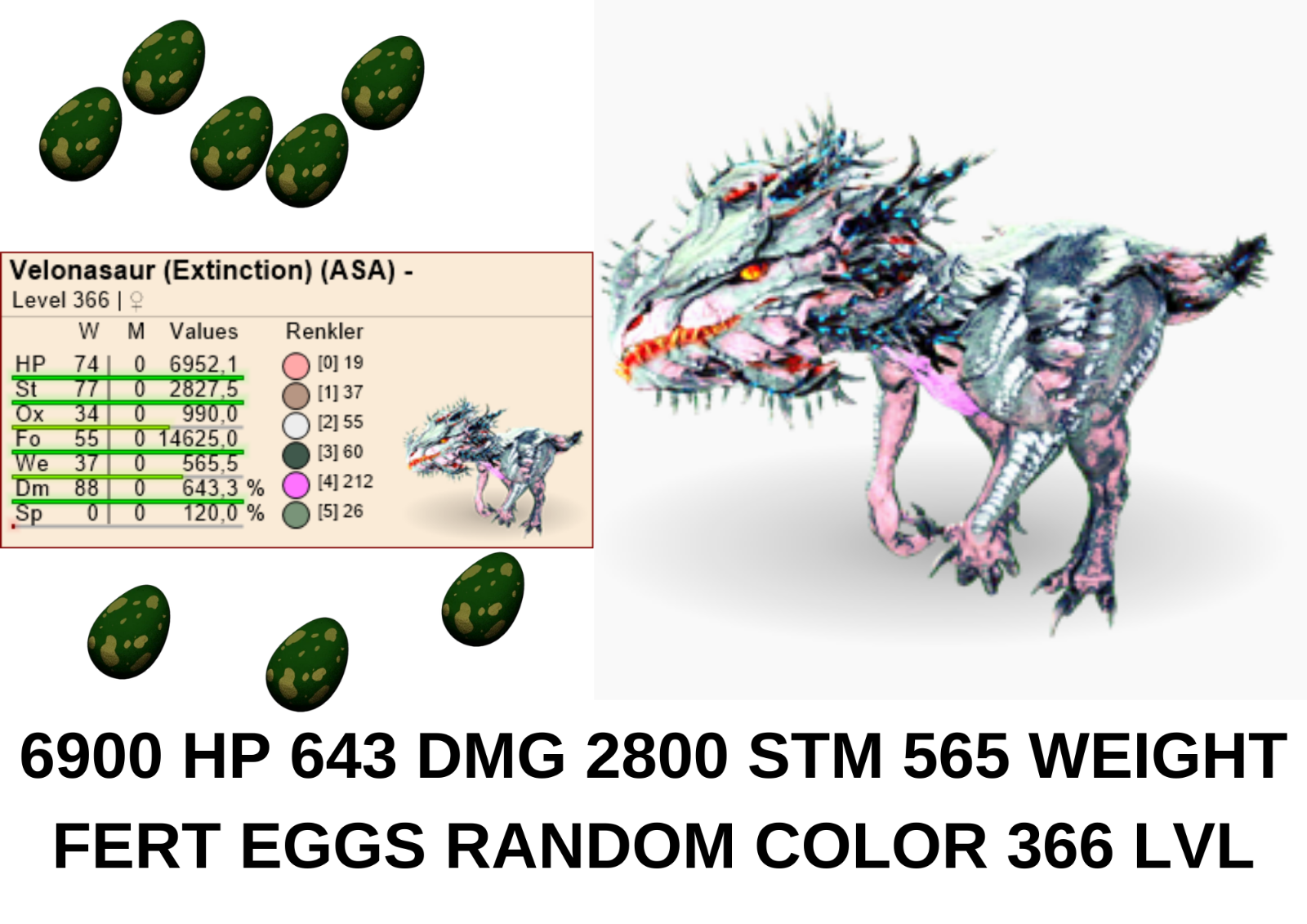 Velonasaur 366 LVL 770 DMG%100 imprint & Eggs Ark Survival Ascended Official PVE