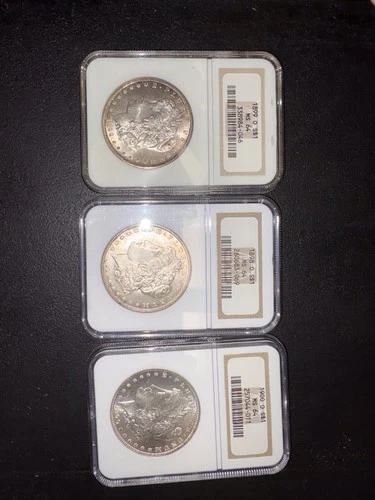 3 Uncirculated Morgan Silver Dollars, 1898O, 1899O, 1900O, NGC Certified, MS64