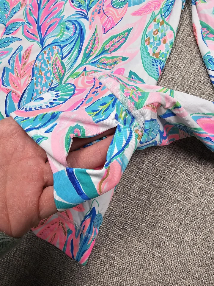 Lilly Pulitzer Luxletic Shirt Womens Medium Pink Blue Tropical Leaf Long Sleeve - Image 4 of 4
