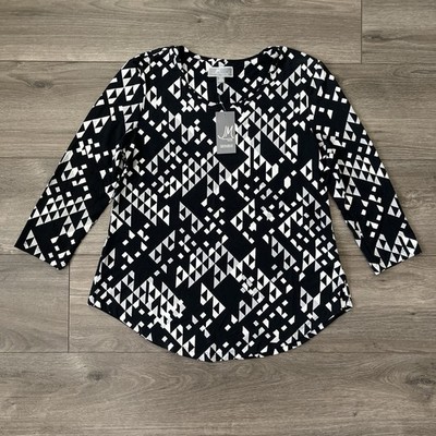 JM Collection Womens PS Blouse Top Black White Triangular NWT