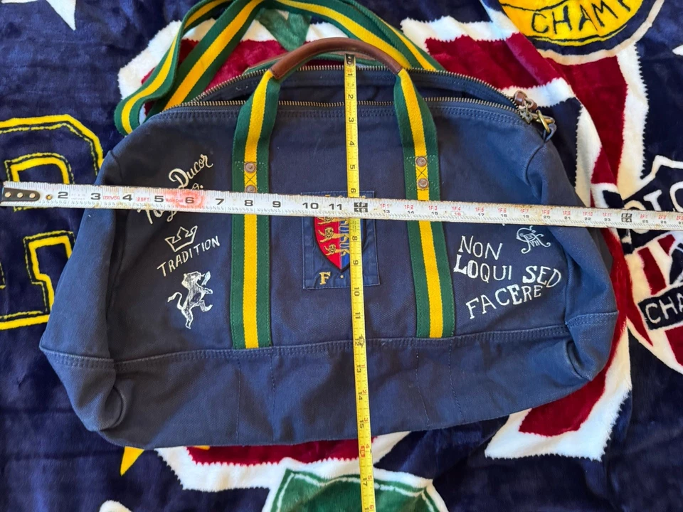 Polo Ralph Lauren Navy Green Yellow Straps Duffle Bag Preppy Patches Collegiate - Image 3 of 4