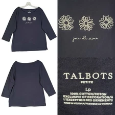 Talbots Shirt Womens Size Lp Petite Navy Blue Flower Graphic Long Sleeve Cotton