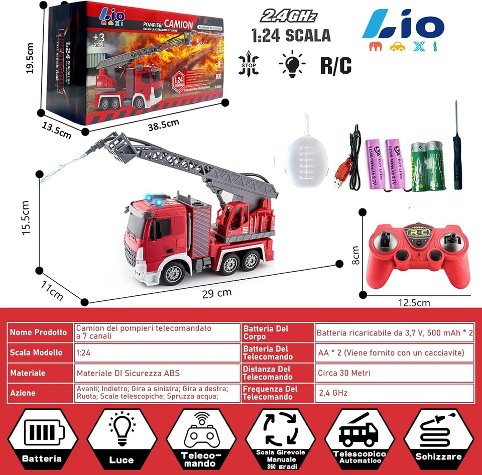Scala 1:24 Telecomandata Giocattolo Camion Pompieri,Con Pompa Spruzzatrice D'Acq - Immagine 3 di 4