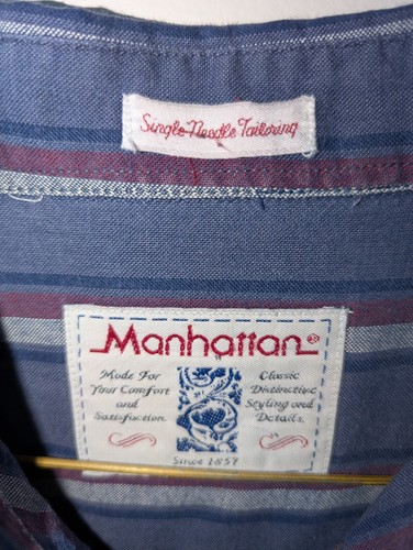 Vintage Manhattan Striped Button Up Shirt Mens Large Long Sleeve Red White Blue - Picture 9 of 9