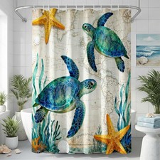 Vintage Nautical Turtle Group Shower Curtain 180x180cm Water-Resistant Semi-T...