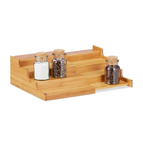 Relaxdays Portaspezie Con 18 Dosatori, Bambù, Vetro, Organizer Per Erbe Aromatiche Hlp 18x44x9 5 Cm Legno Naturale 84799922
