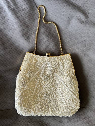 Vintage White Beaded Evening Bag Clutch Purse Handmade in Hong Kong - Image 1
