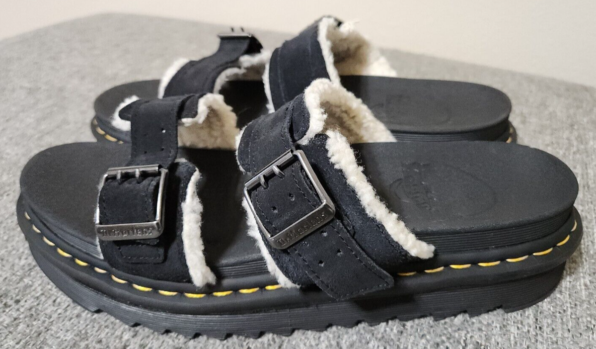 Dr. Martens Myles Suede Fur-Lined Buckle Slide Sandals Black  display picture 2
