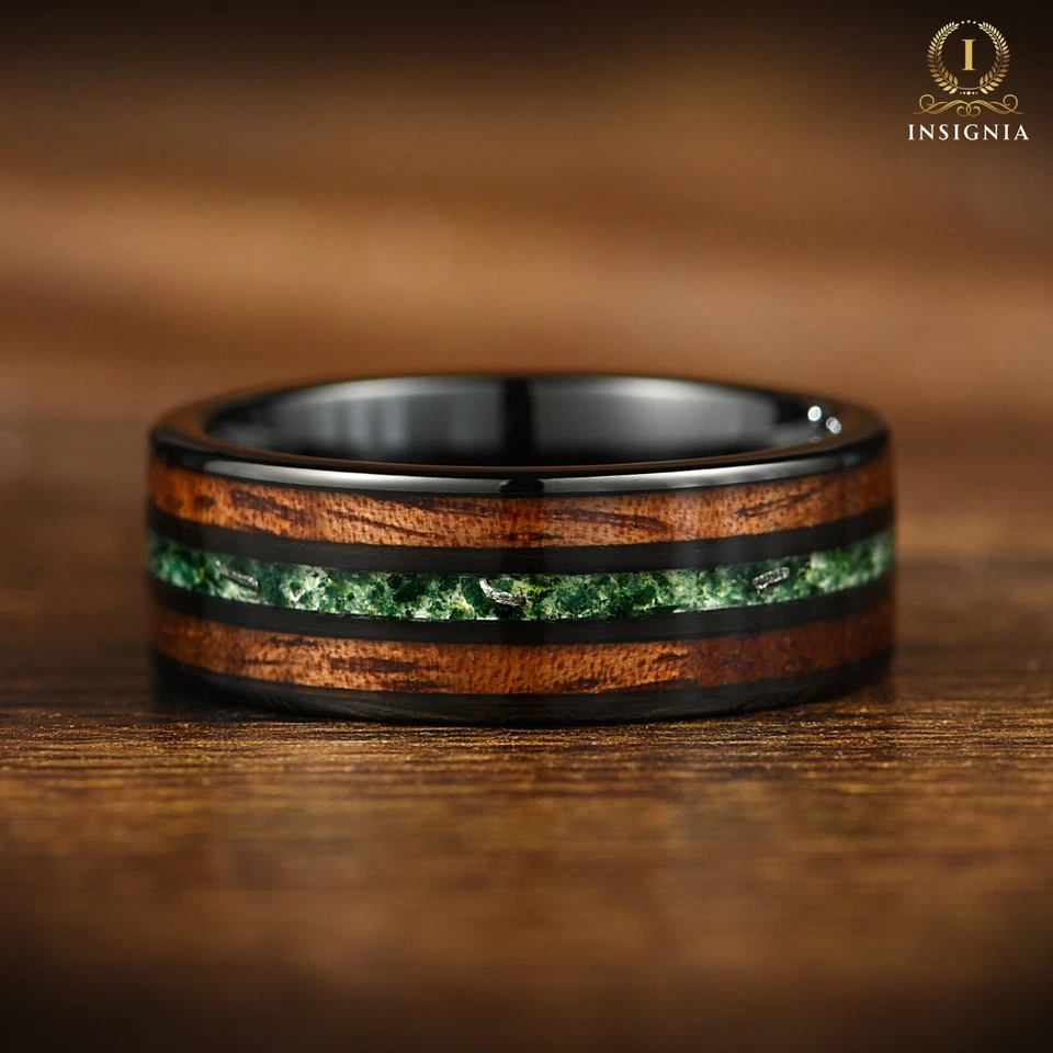 Dark Wedding /Promise Band For Men – Smoked Wood, Moss Agate & Real Meteorite 8m - Image 3 of 4