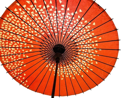 Vintage Japanese Paper Arabesque Red Whirlpool Wagasa Bamboo Umbrella 32”