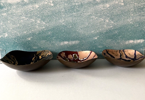 Vtg Feiko Enamel On Copper Bowls Handmade Hanau West Germany Signed Rare Flawed - Picture 10 of 16