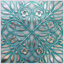 8 in X 8 in Teal and Silver Leaves Foil Peel and Stick Paper Tile Backsplash 24