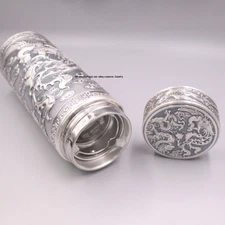 Pure S999 Fine Silver 999 Drinking Bottle Carved Dragon Travel /Coffee/Hot Tea
