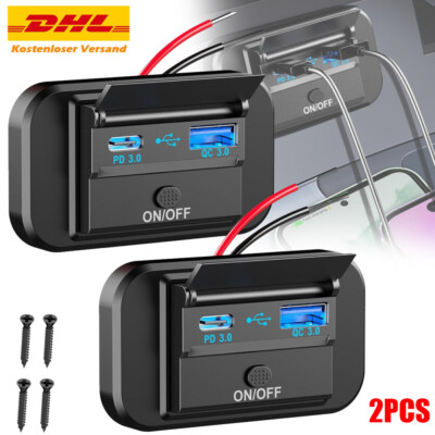 2stk. USB-C Ladebuchse Steckdose 12V Auto Ladegerät 36W QC3.0 USB 55W PD Type C