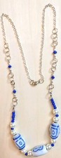 Lovely Blue On White Ceramic Beads Silvertone Necklace, Lobster Clasp, 26"