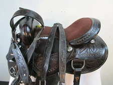 17 16 15 USED TRAIL SADDLE WESTERN HORSE DARK BROWN TOOLED LEATHER PLEASURE SET