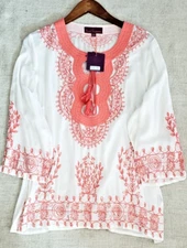 NWT Sweet Sinammon Women's Top Shirt Tunic White Embroidered Mosaic 3/4 Sleeve M