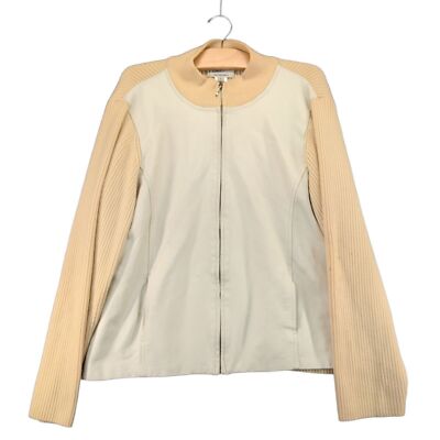 Pendleton Merino Wool Leather Front Zip Sweater Jacket SZ Large Tan White