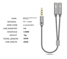 Grey 3.5mm Headset Adapter Headphone Mic Y Splitter Cable AUX Stereo Audio Male