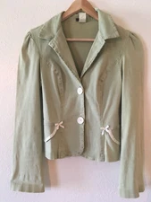 Sz.  S  LUNA CHIX DENIM BLAZER GREEN  SATIN TRIM RUFFLED STRACHED JACKET