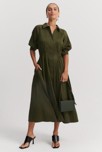 COUNTRY ROAD CINCHED SHIRT MIDI DRESS in Dark Olive RRP$279 - Picture 1 of 7
