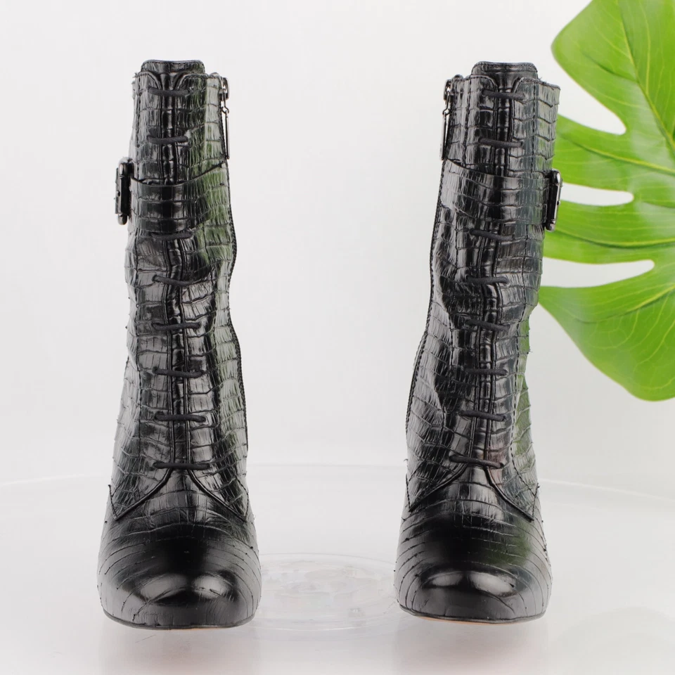 Talbots Womens Boot Size 9 Black Croc Leather High Heel Elegant Bootie Mid Calf - Image 2 of 4