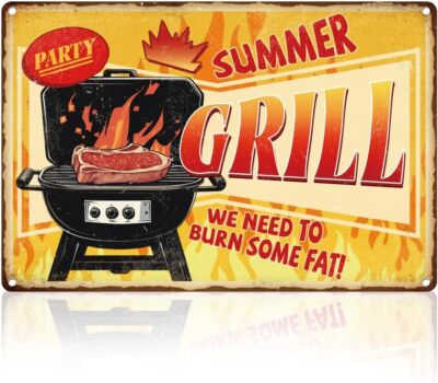 Summer Party Grill BBQ Wall Decor Tin Sign 8'' x 12'', We Need to Burn Some Fat Me