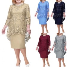 Women Midi Dress Elegant High-Waist 3/4 Sleeve O-Neck Embroidery Lace