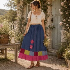 VTG Patchwork Boho Maxi Skirt Linen Blend Embroidered L Cottagecore Folk Prairie