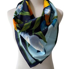 Vintage Orange Yellow Tulip Scarf Blue Border Bright Floral Square Retro Scarf