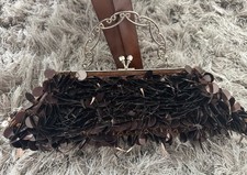 Vintage Y2K Brown Sequin Beaded Satin Evening Bag Purse W/detachable Chain