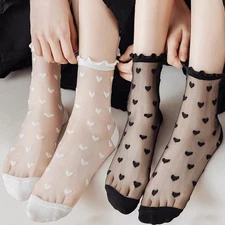 2-PACK WOMEN'S RUFFLE LETTUCE EDGE SHEER HEART DESIGN BLACK WHITE ANKLE SOCKS