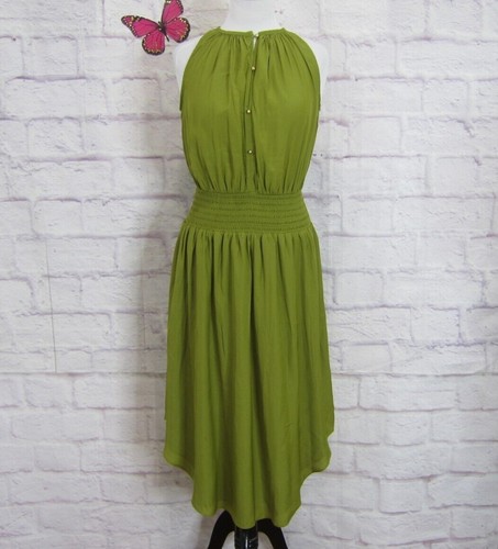 Elie Tahari Green Smocked Waist Blouson Midi Dress Round Hem Size S New! - Picture 2 of 11