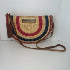 Nena & Co Ghana Hand Dyed Elephant Grass Crescent Straw Shoulder Bag Fair Trade