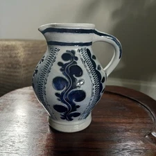 M Schillz Handarbeit Blue Salt Glaze Pitcher Heart Handle Made in Germany