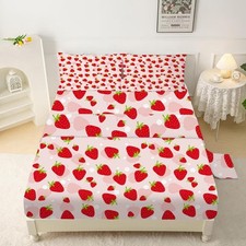 Pink Strawberry Sheet Set Twin: Kwaii Strawberry Bedding Set for Kids Teens G...