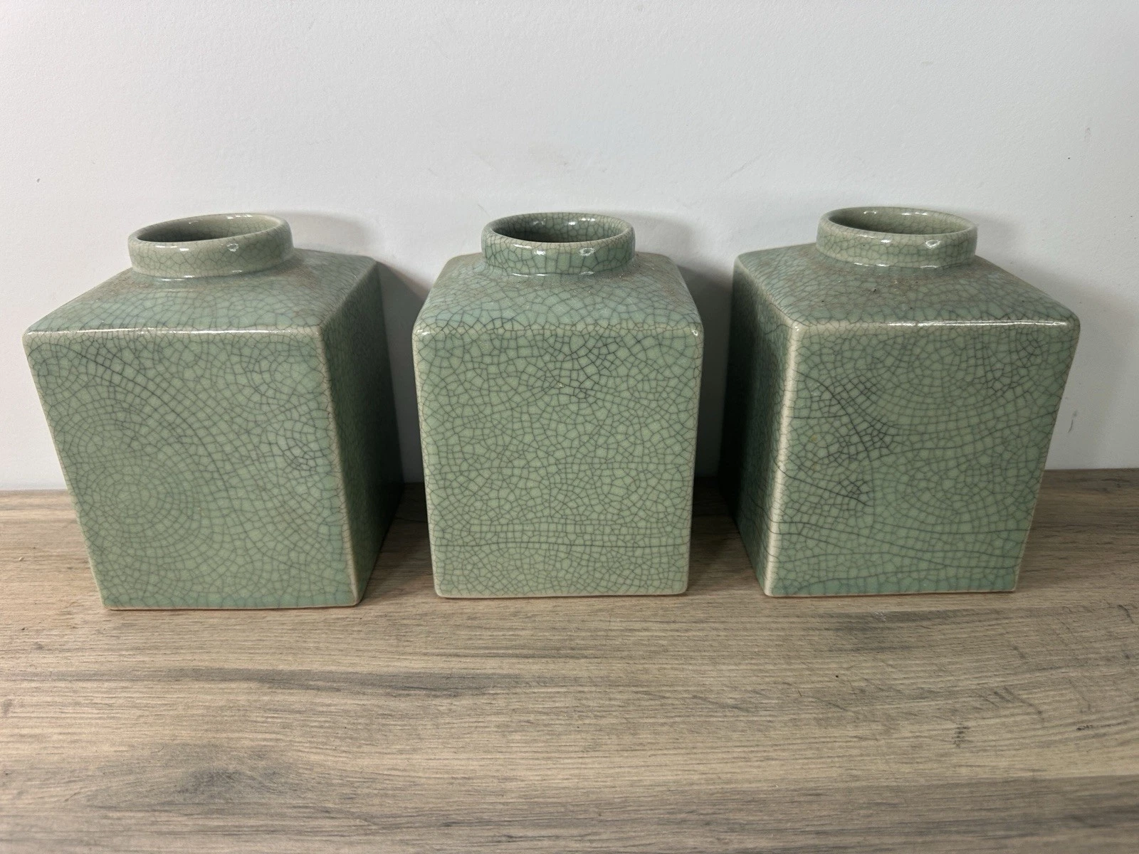 Set Of 3 Green Celadon Crackle Utensil Jars / Vases