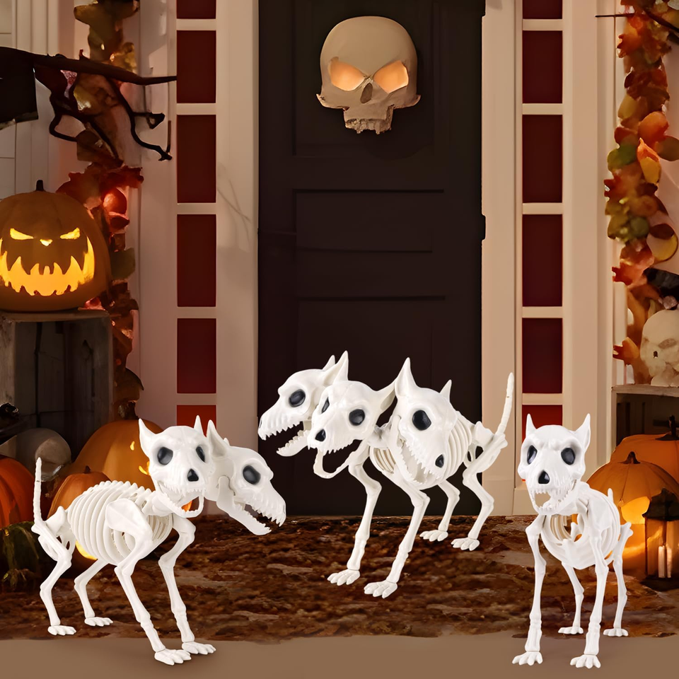 12’’ Halloween Three-Headed Dog Skeleton Statue Prop Animal Decoration ...