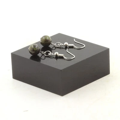 Boucles D'oreilles 1 Perle Jaspe sang de Dragon 8 mm en acier Fabriqué en Franc - Photo 1/2