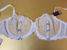 ADORE ME Lace Mesh Bra Sheer Unlined Underwire White, Light Blue Bows 38-C NWT