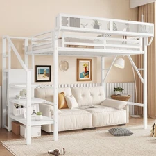 Twin Size Loft Bed Stairs Metal Full Loft Bed with Storage Shelves High Loft Bed