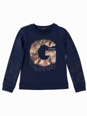 Guess Girls Navy Sequin Logo Sweatshirt Lace Sleeve Size 10