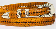 Chacon Santa Fe Sterling Silver 925 3/4" Ranger Belt Buckle 38 Woven Tan Leather